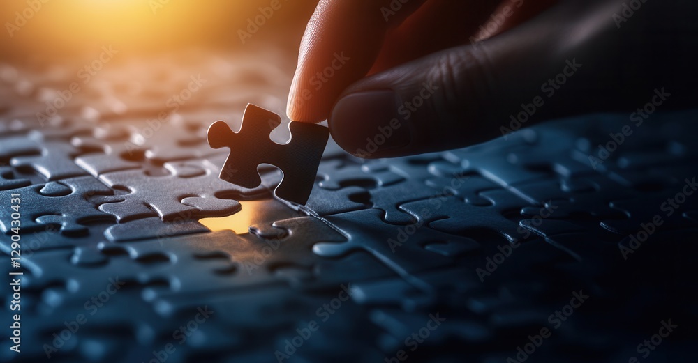Completing a puzzle with a final piece, symbolizing problem-solving, strategy, and achieving goals with teamwork and careful planning. Completing a puzzle with a final piece, symbolizing problem-solving, strategy, and achieving goals with teamwork and careful planning.