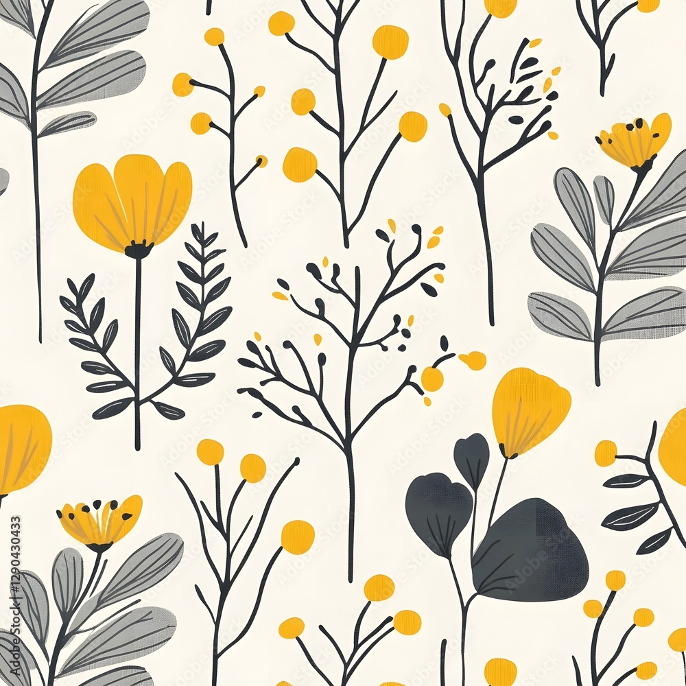 Minimalist Botanical Floral Pattern with Vibrant Leaves and Flowers Minimalist Botanical Floral Pattern with Vibrant Leaves and Flowers