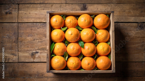 Fototapeta Naklejka Na Ścianę i Meble -  fresh orange fruits in a box on wooden table, top view
