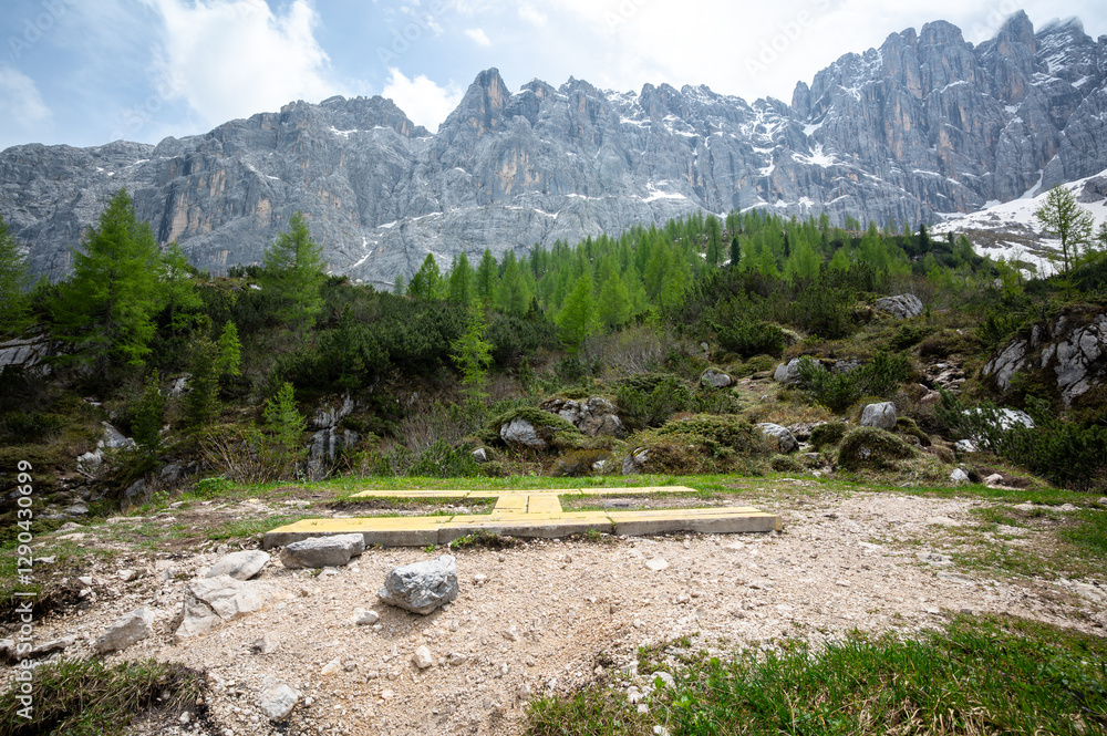 Rescue heliport in the Dolomites near Lago di Sorapiss, Italy. Marked with an