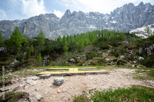 Obraz na płótnie Rescue heliport in the Dolomites near Lago di Sorapiss, Italy. Marked with an