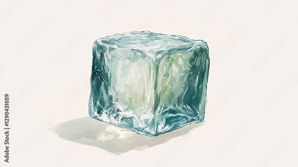 Obraz premium Macro shot of a perfectly formed ice cube with detailed reflections and light refractions, emphasizing purity, cooling effects, and refreshment, book illustration style