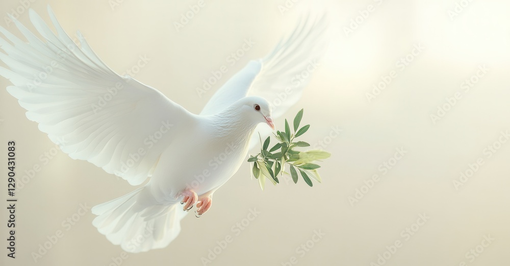 Obraz premium Graceful white dove in flight, wings spread wide against a soft backdrop, carrying a green olive branch. Symbol of peace and serenity.