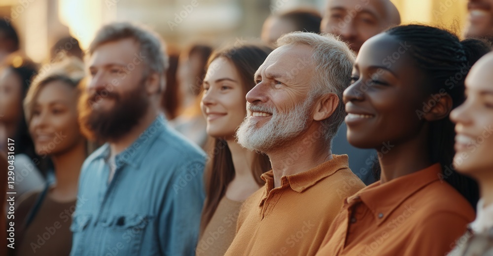 Diverse group of people looking optimistically toward the future, side view of smiling people in sunlight. Diverse group of people looking optimistically toward the future, side view of smiling people in sunlight.