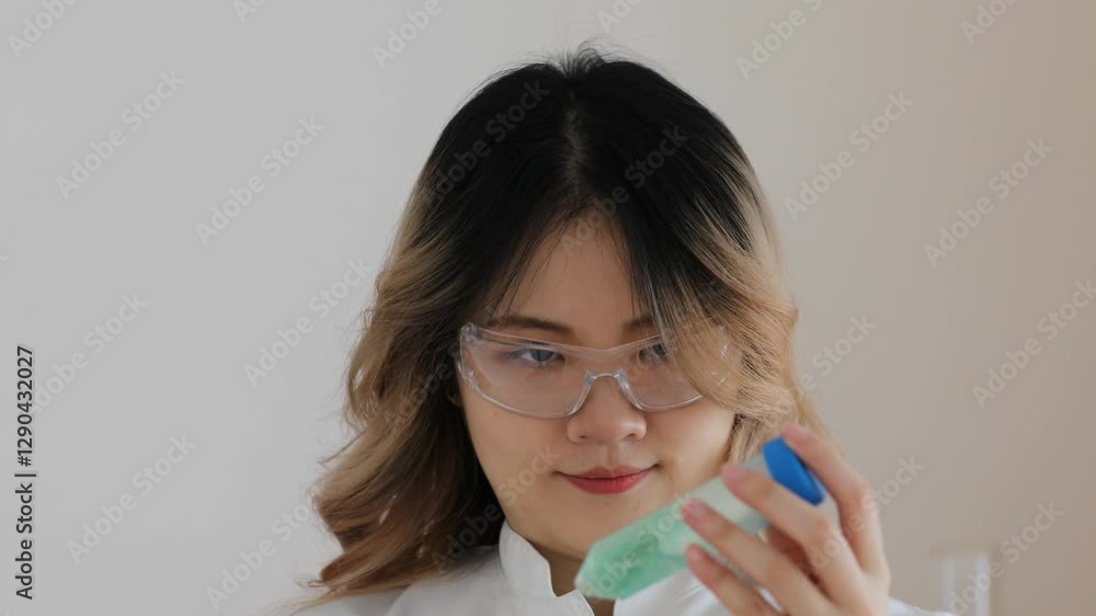 researcher female controlling sample in a tube researcher female controlling sample in a tube