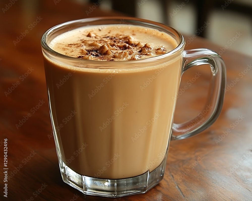 Creamy beverage in glass mug on wooden table Creamy beverage in glass mug on wooden table