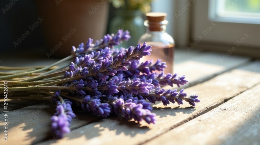 Fototapeta premium Sunlight Illuminates a Delicate Bunch of Lavender Flowers Resting Near a Small Bottle of Essential Oil on a Weathered Wooden Surface