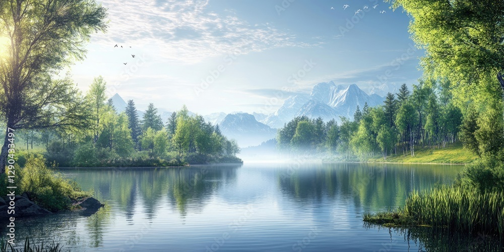Tranquil river scene with crystal-clear water reflecting lush green trees and distant mountains under a serene blue sky showcasing untouched nature. Tranquil river scene with crystal-clear water reflecting lush green trees and distant mountains under a serene blue sky showcasing untouched nature.