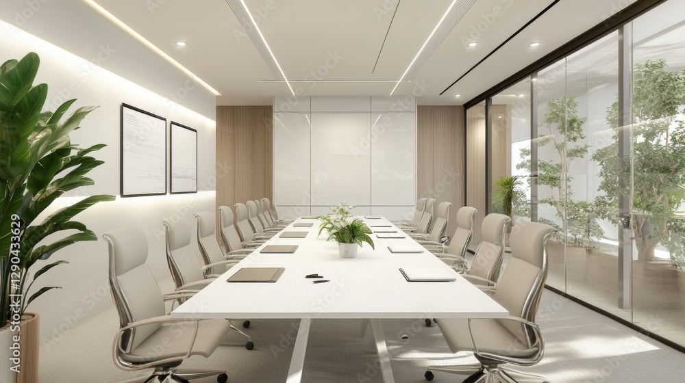 Fototapeta premium A contemporary office meeting room with a long white conference table, ergonomic chairs, and clean white walls.