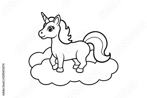 Line art of a baby unicorn with a small horn and a flowing mane designed for coloring page.eps