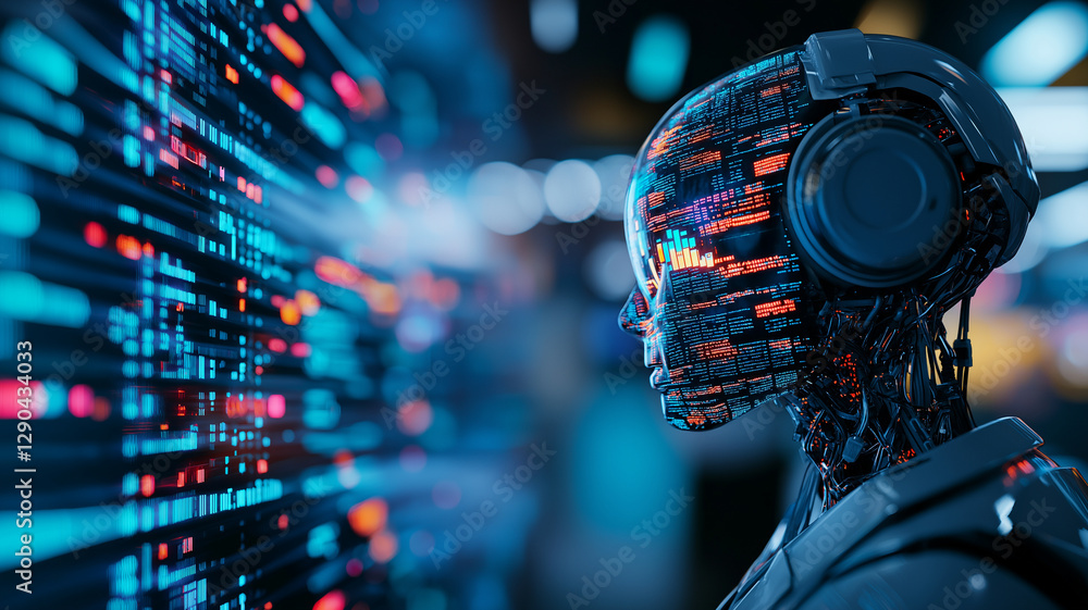 AI robot with headphones analyzing data on digital screen, showcasing advanced technology and futuristic design. vibrant colors and intricate patterns highlight its capabilities AI robot with headphones analyzing data on digital screen, showcasing advanced technology and futuristic design. vibrant colors and intricate patterns highlight its capabilities
