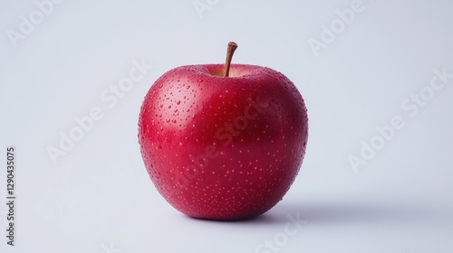 Single red apple with water droplets on a plain background