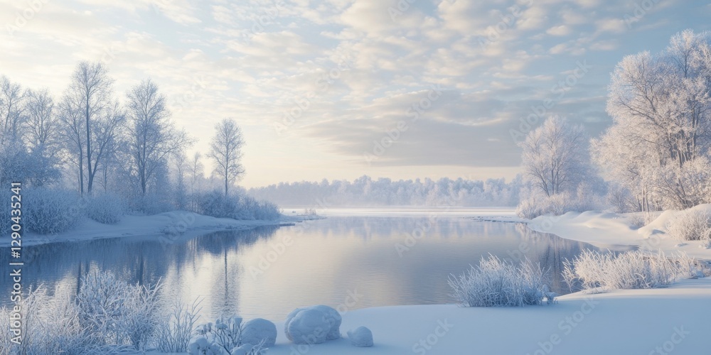 Serene winter landscape featuring a calm river with snowy banks, frosted trees, and a pastel sky reflecting serene cold season beauty. Serene winter landscape featuring a calm river with snowy banks, frosted trees, and a pastel sky reflecting serene cold season beauty.