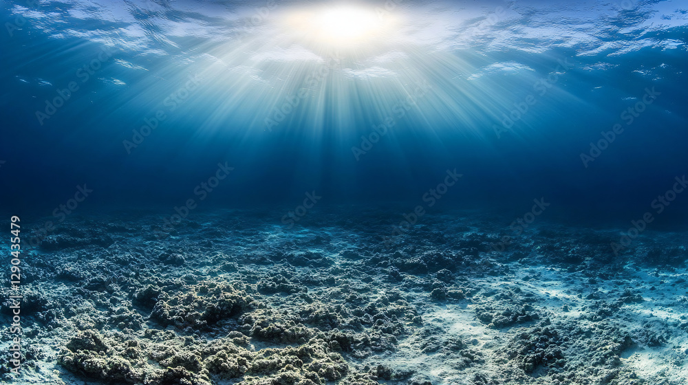 Naklejka premium Underwater algae, sea grass on the ocean floor in the sun. Design banner template poster about protection of the biological environment, clean water, advertising diving and sea grass day, copyspace