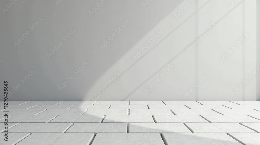 Clean Minimalist Room Interior with Light Streaming Through Window and White Tiled Floor Clean Minimalist Room Interior with Light Streaming Through Window and White Tiled Floor