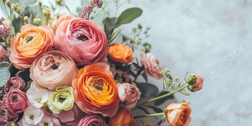 Vibrant bouquet of pink and orange flowers arranged with greenery on textured light backdrop highlighting soft pastel colors and intricate details