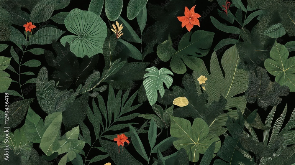 A tropical jungle illustration with lush green leaves and exotic flowers A tropical jungle illustration with lush green leaves and exotic flowers