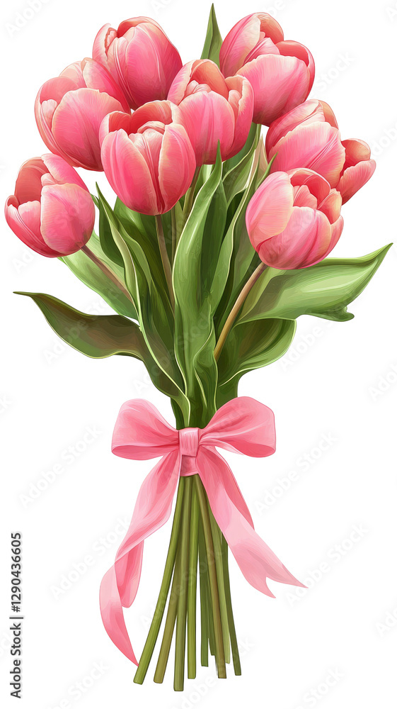 Fototapeta premium Beautiful Pink Tulip Bouquet Tied with Ribbon on transparent background 