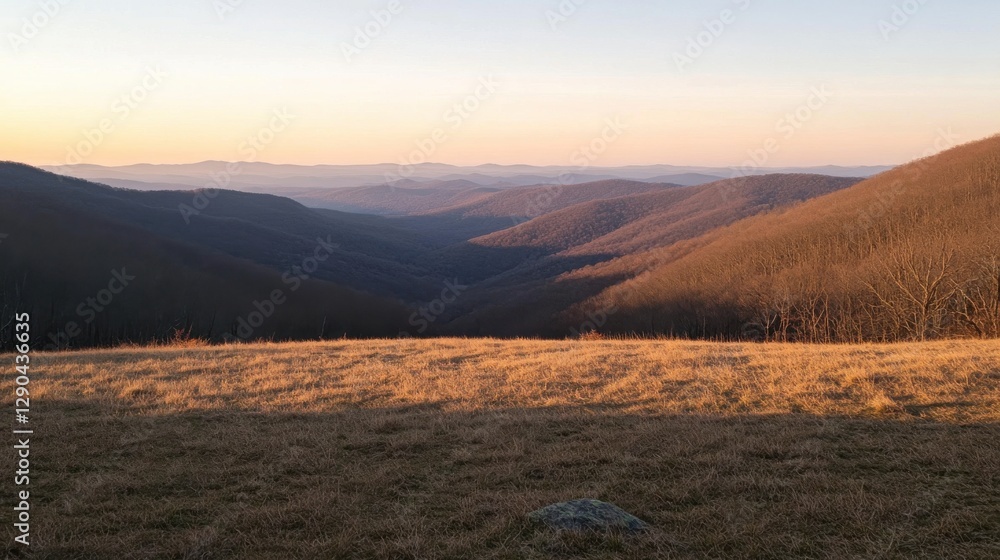 Fototapeta premium A mountain landscape with a dreamy golden hour light