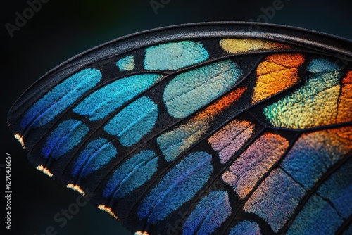 Close-up of a butterfly wing showcasing vibrant iridescent blue, orange, and purple scales.