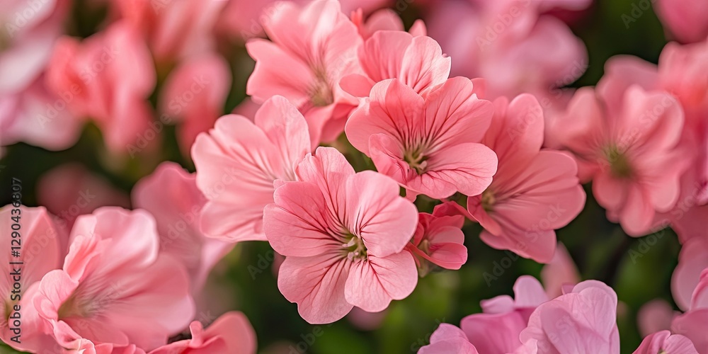 Delicate pink geranium flowers in soft focus with light green foliage creating a serene garden atmosphere featuring overlapping floral layers. Delicate pink geranium flowers in soft focus with light green foliage creating a serene garden atmosphere featuring overlapping floral layers.