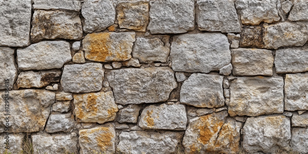 Textured background of aged gray and beige natural stone wall with irregularly shaped stones arranged horizontally and showing weathered details Textured background of aged gray and beige natural stone wall with irregularly shaped stones arranged horizontally and showing weathered details