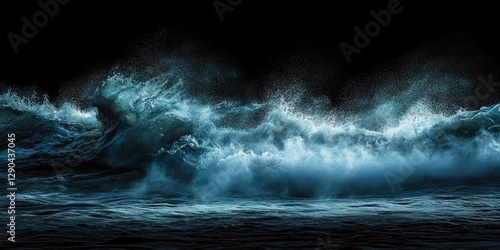 Dramatic dark ocean waves crash with splashes of turquoise and white foam, surrounded by an ethereal mist, creating a moody atmospheric scene