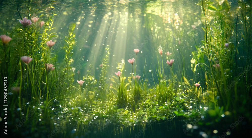 Obraz premium Sunlight illuminating underwater seagrass in the ocean. Banner design template or poster promoting marine ecosystem protection, clean water initiatives, diving activities, and celebration.