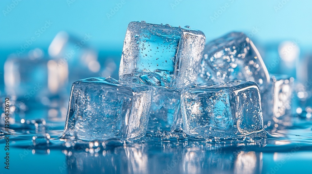 Crystal-clear ice cube with visible melting droplets, highlighting freshness and purity, perfect for beverage-related designs and cold drink concepts, comic book style Crystal-clear ice cube with visible melting droplets, highlighting freshness and purity, perfect for beverage-related designs and cold drink concepts, comic book style