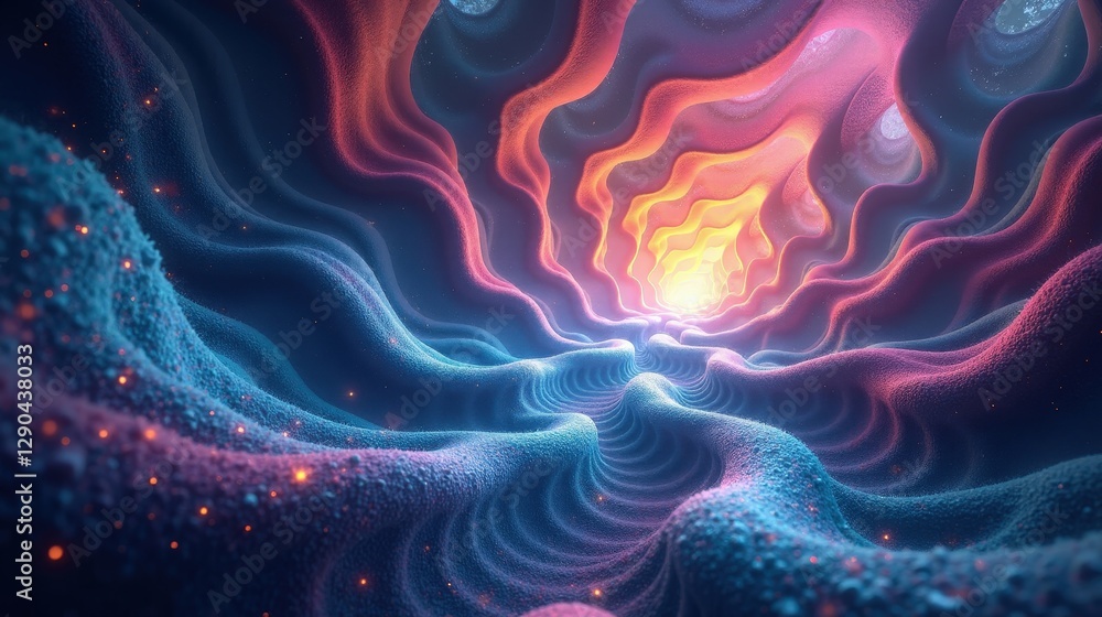 A mysterious realm of overlapping fractal geometries, vibrant waves of light flowing in all Magical Realism directions, a constant flux of color and form, embodying quantum superposition. A mysterious realm of overlapping fractal geometries, vibrant waves of light flowing in all Magical Realism directions, a constant flux of color and form, embodying quantum superposition.