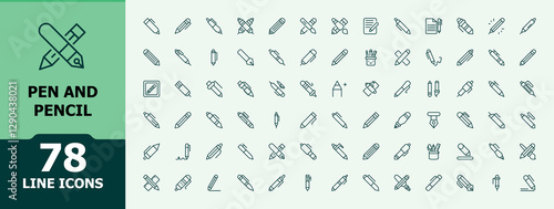 Pen and pencil isolated icon set. Contains related to note, handwriting, fountain, office, nib, highlighter, paintbrush and more. Thin outline icons pack. Minimalist editable vector stroke.