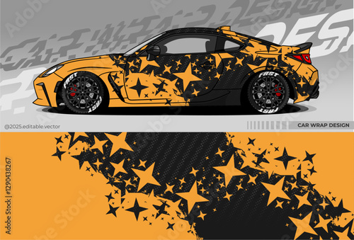Vector Graphic of car wrap design. Livery Car decal with black and yellow colour. There are stars scattered in the design and carbon pattern. Suitable for racing, drift, rally, or daily use