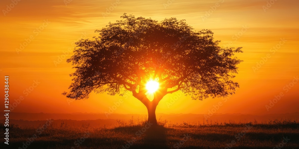 Obraz premium Tree silhouetted against a bright orange sunset with vibrant sun rays glowing behind it creating a stunning natural contrast and serene atmosphere.