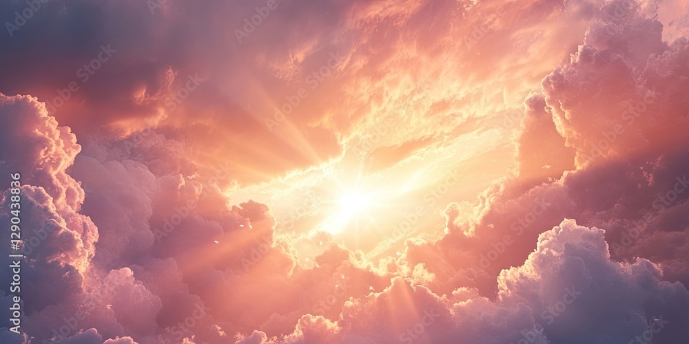 Fototapeta premium Radiant sunlight piercing through fluffy pastel clouds with golden and pink hues at the center creating a serene and uplifting atmosphere.