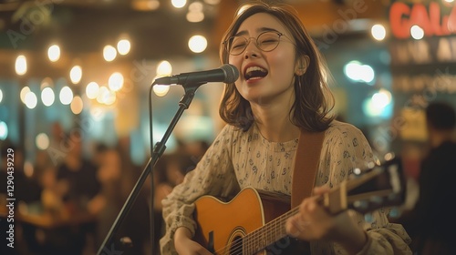 A young woman singing and playing the guitar in a cozy cafe, creating a warm and inviting