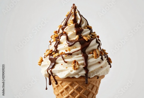 Delicious ice cream cone topped with chocolate syrup and crunchy nuts
