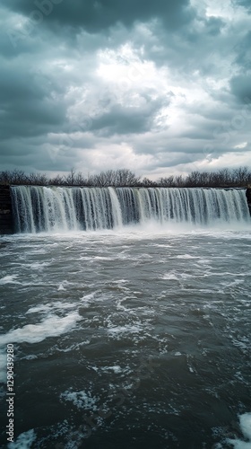 A wide waterfall cascades over a rock dam under cloudy skies