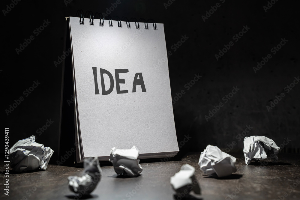 oświetlony otwarty brulion z napisem na kartce IDEA na ciemnym tle, dookoła rozrzucone zmięte kartki papieru