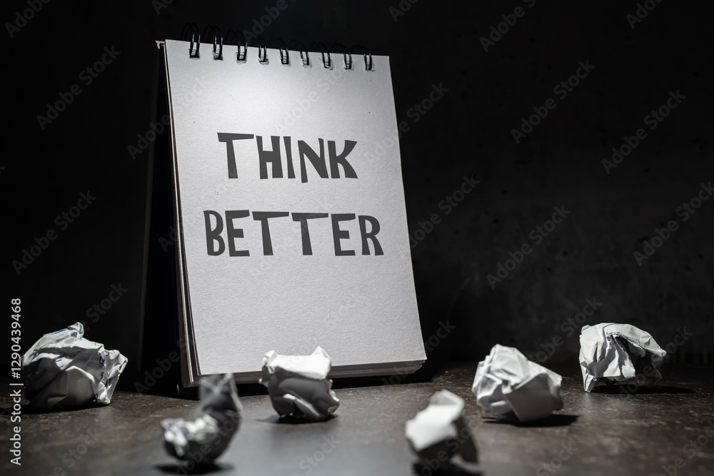 oświetlony otwarty brulion ze zwrotem THINK BETTER, na ciemnym tle, dookoła rozrzucone zmięte kartki papieru