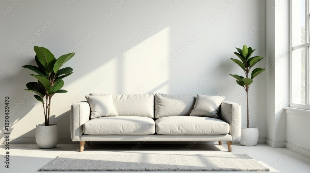 Serene Minimalist Living Room Design Featuring a Light Beige Sofa and Lush Potted Plants Basking in Sunlight
