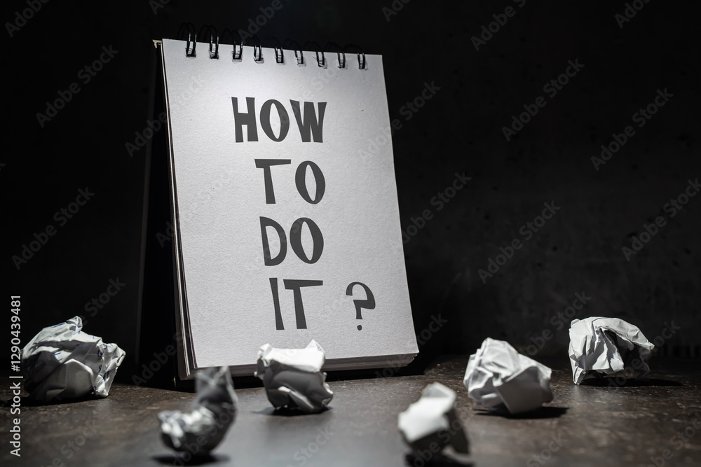 oświetlony otwarty brulion ze słowem HOW TO DO IT oraz znakiem zapytania, na ciemnym tle, dookoła rozrzucone zmięte kartki papieru