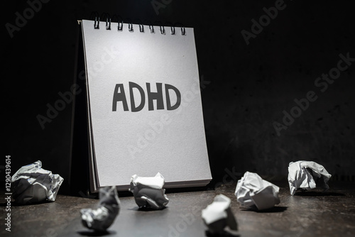 Obraz na płótnie oświetlony otwarty brulion z napisem ADHD, na ciemnym tle w salonie
