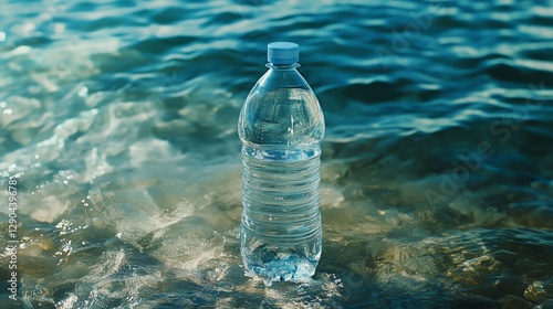 A plastic water bottle standing on the surface of water, creating a calm and serene visual.