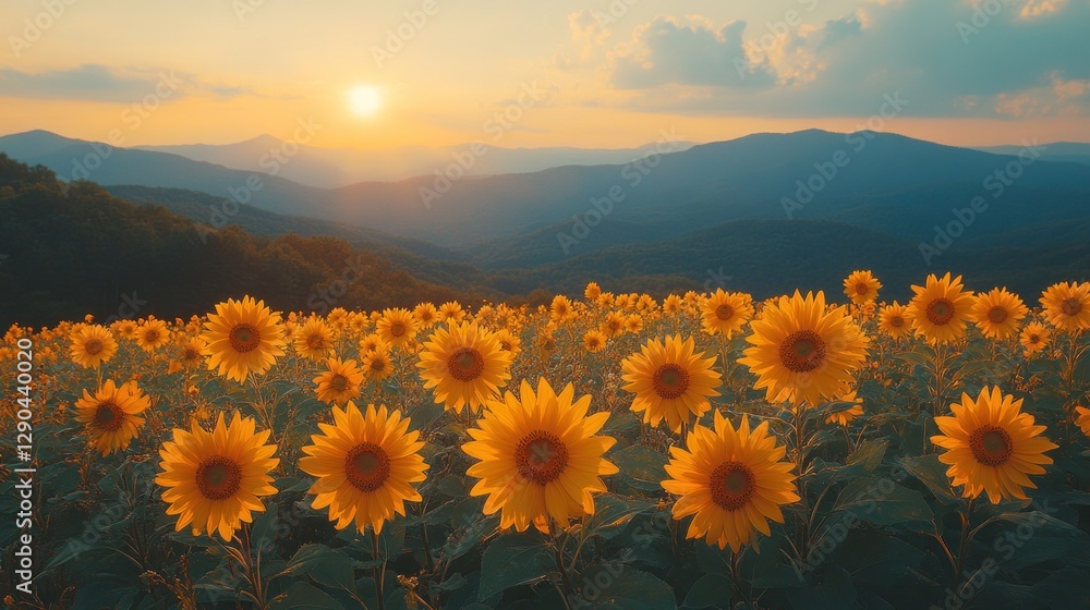 Fototapeta premium Sunset Sunflower Field Mountains