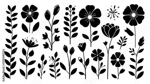 Black flower vector set feature abstract floral design silhouettes, and geometric patterns. Ideal for decoration, logos, and design projects. Includes minimalist botanical elements for creative illust
