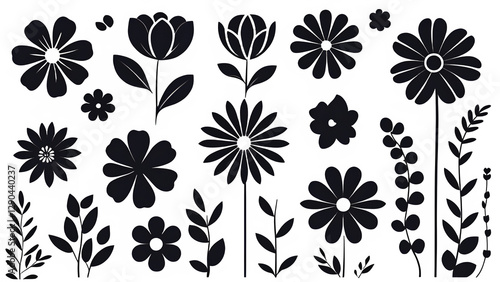 Black flower vector set feature abstract floral design silhouettes, and geometric patterns. Ideal for decoration, logos, and design projects. Includes minimalist botanical elements for creative illust