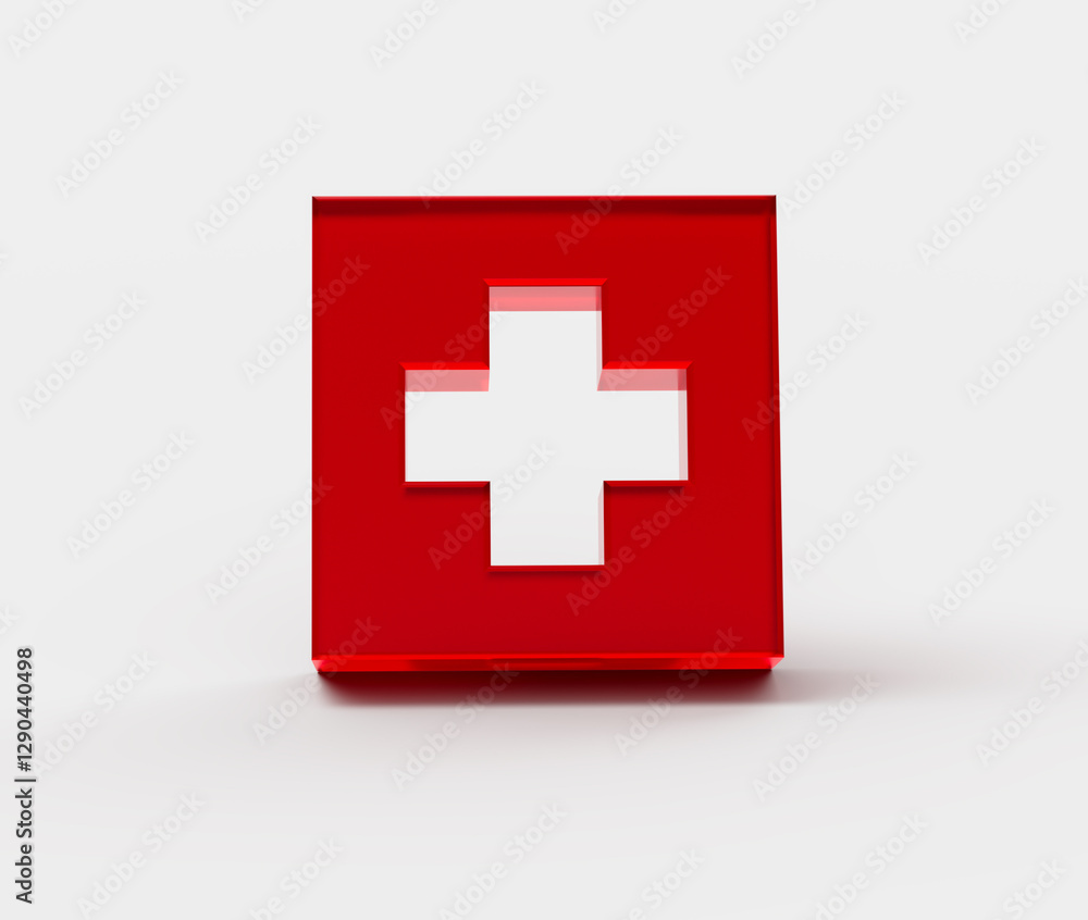 Fototapeta premium 3D Red first aid icon with a white cross, symbolizing medical help and healthcare. 3d illustration