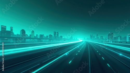 Futuristic Highway at Night with Glowing Light Trails Leading to a Modern City Skyline