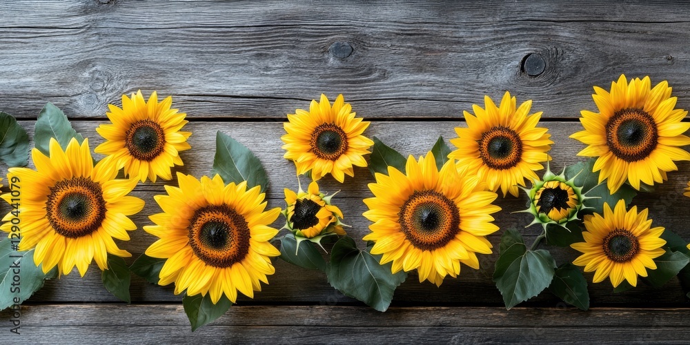 Obraz premium Vibrant sunflowers with dark centers arranged elegantly on a rustic wooden surface creating a warm and inviting floral display.