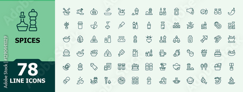 Set of Spices line icons. Contains related to bay leaf, organic, star, vanilla,spice, basil, condiment, herbal, food,  powder and more. Minimalistic icons. Editable stroke.